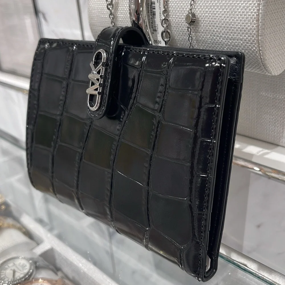 Michael Kors Empire Metallic Crocodile Embossed Leather Passport Wallet Black